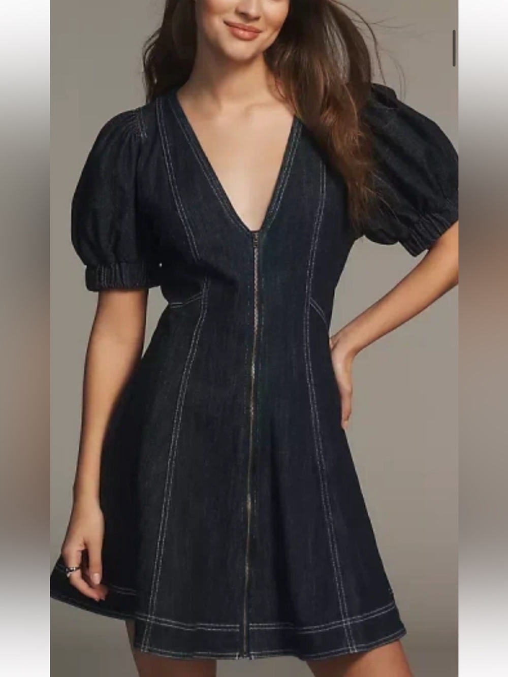 Pilcro Puff-sleeve Denim Mini Dress In Blue Size XL